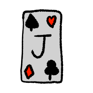 black outlines, a card with a black spade in the top left corner, red heart in the top right, red diamond in the bottom left, black club in the bottom right and a black J in the middle